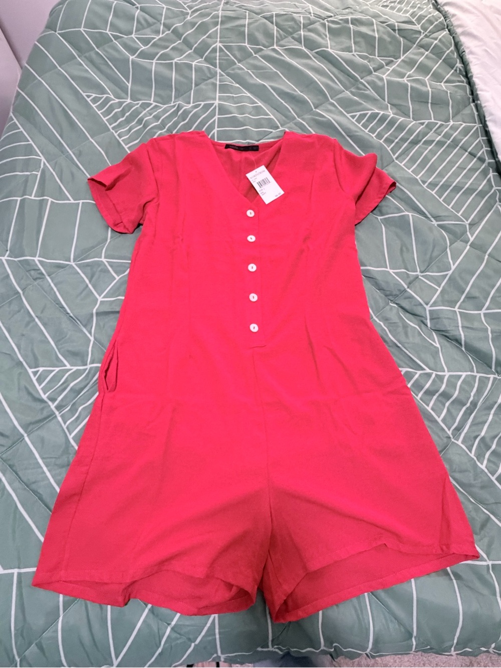 Red Button-Front Short Romper